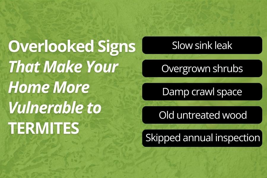 A clean checklist graphic showing common home issues homeowners often overlook that can make a property more vulnerable to termites.