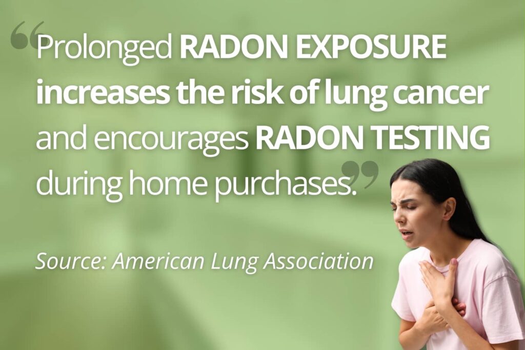Graphic illustrating how long-term radon exposure raises the risk of lung cancer.