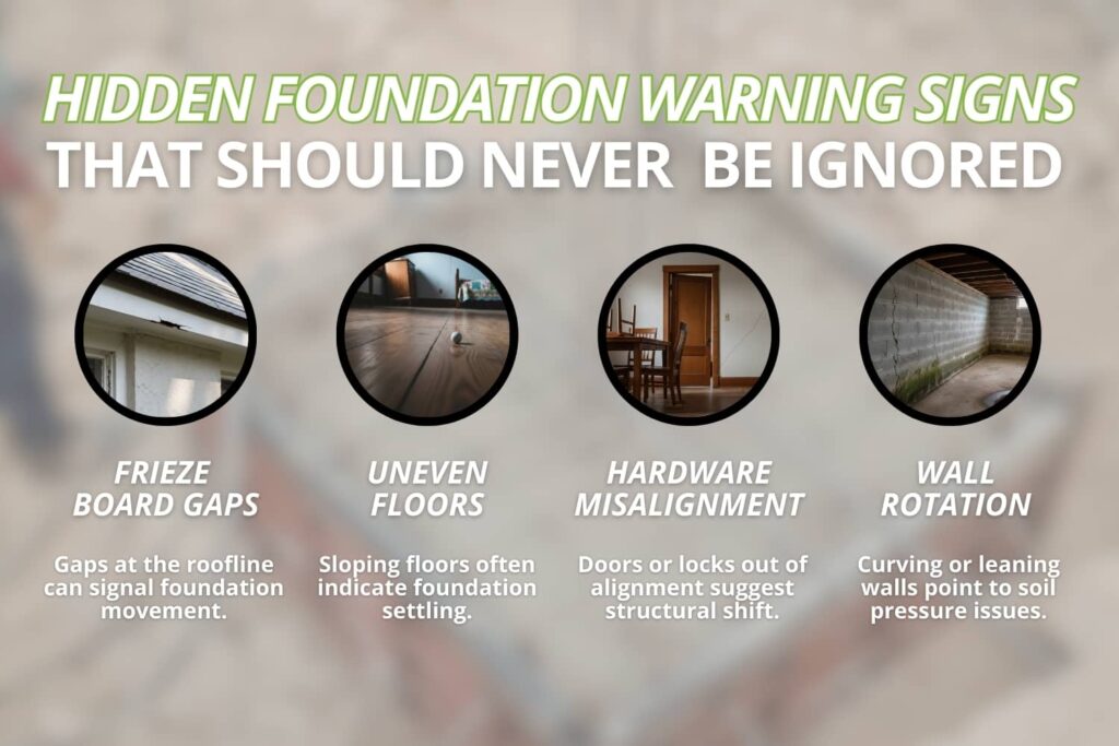 Graphic illustrating subtle structural changes in a home that may indicate underlying foundation movement.