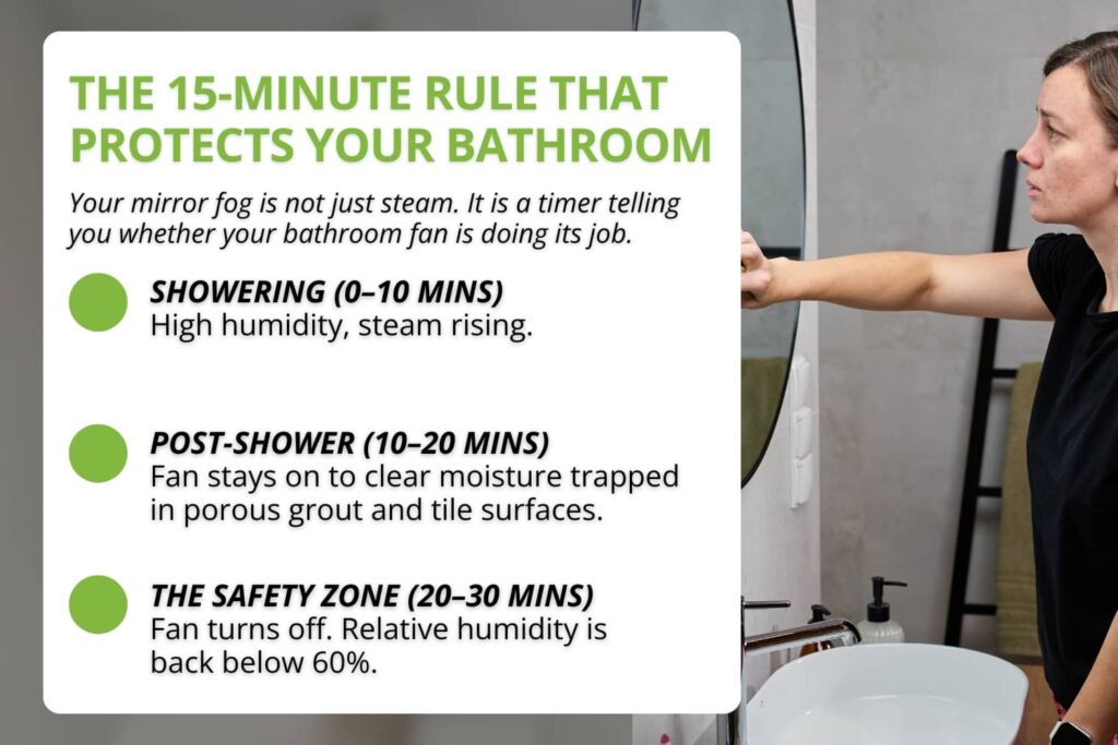 Graphic showing the 15-minute bathroom fan rule, humidity stages after showering, and mirror fog as a sign of poor airflow.