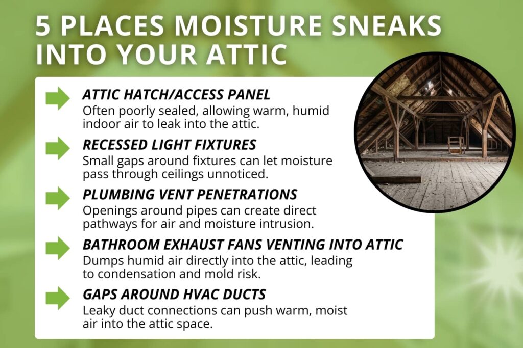 Cross-section diagram showing five places moisture enters an attic, including the hatch, light fixtures, plumbing vents, bathroom fans, and HVAC gaps.