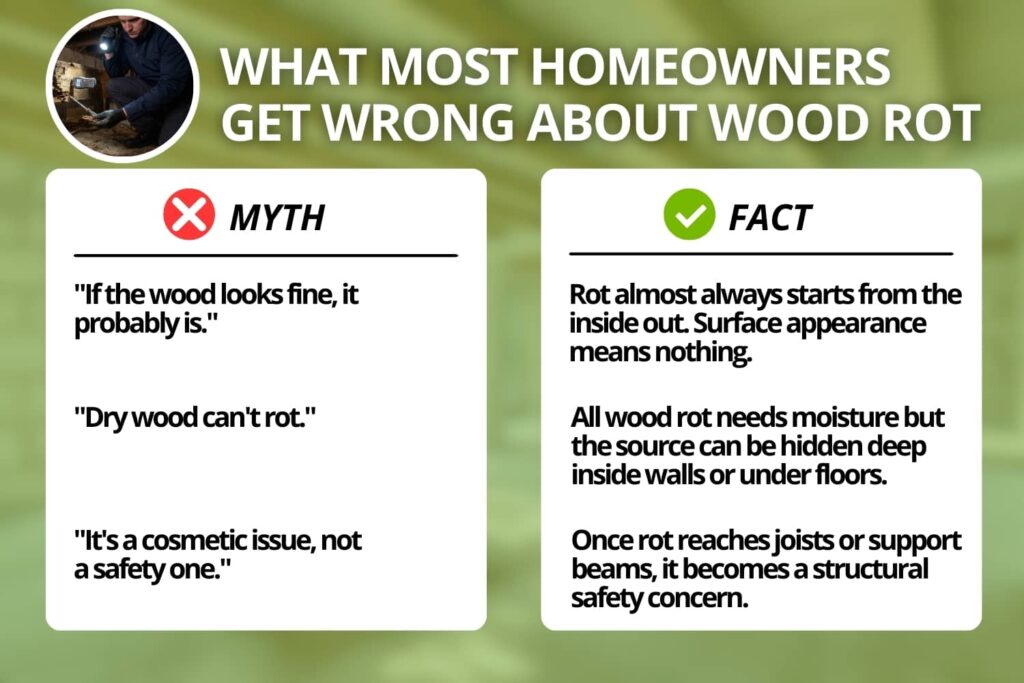 Myth vs. fact card debunking three common homeowner misconceptions about dry wood rot.