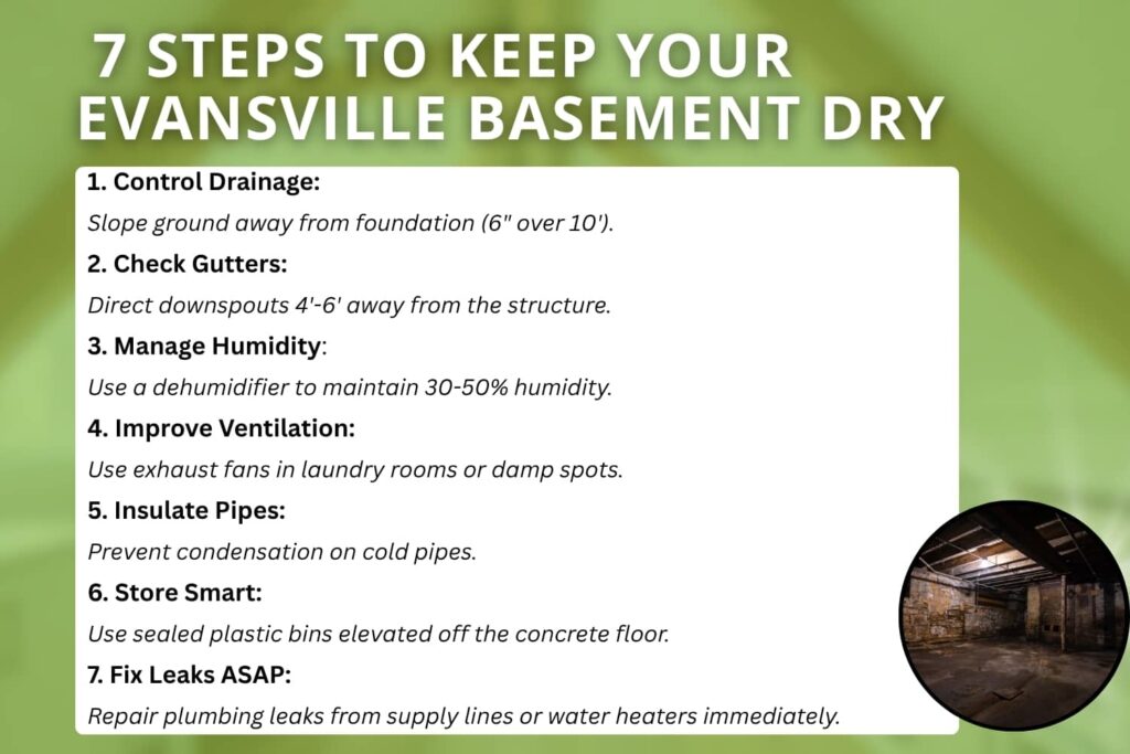 An infographic titled "7 Steps to Keep Your Evansville Basement Dry" listing essential maintenance tips including drainage control, gutter checks, humidity management, ventilation, pipe insulation, smart storage, and prompt leak repair.