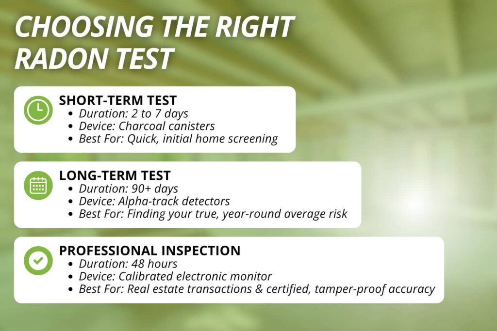 An infographic titled "Choosing the Right Radon Test" breaks down short-term, long-term, and professional inspection options by their duration, devices used, and primary benefits.