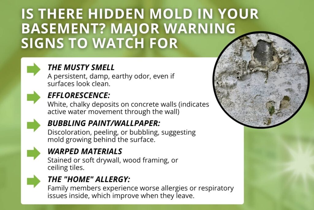 An infographic titled "Is There Hidden Mold in Your Basement? Major Warning Signs to Watch For" listing five indicators: musty smells, efflorescence on concrete, bubbling paint or wallpaper, warped materials, and increased allergy symptoms while at home.