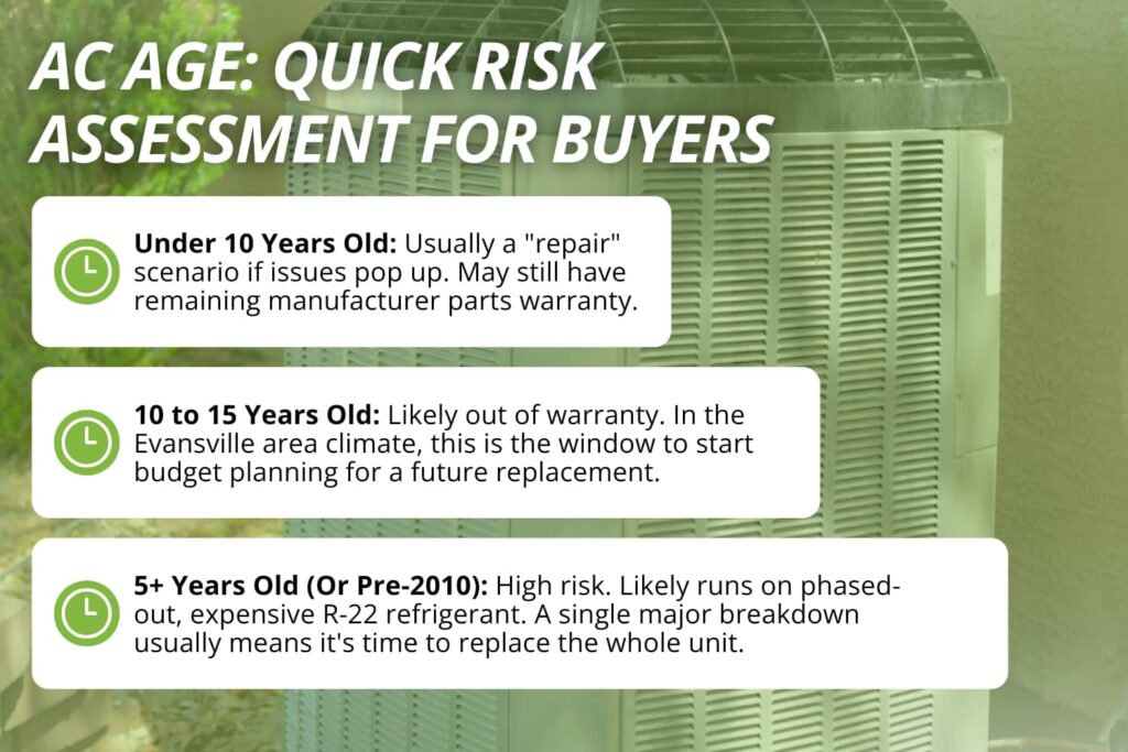 An infographic titled "AC AGE: QUICK RISK ASSESSMENT FOR BUYERS" details the typical repair, warranty, and replacement risks for home air conditioners across three different age categories.