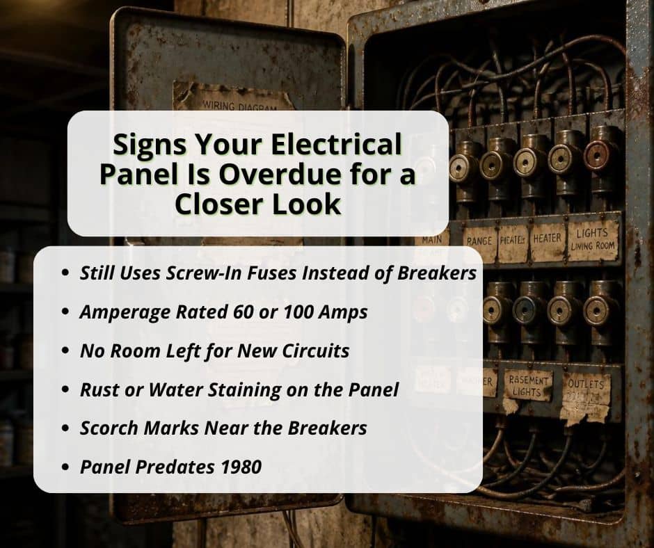 Checklist graphic showing signs an old electrical panel needs replacement, such as frequent breaker trips and burning smells