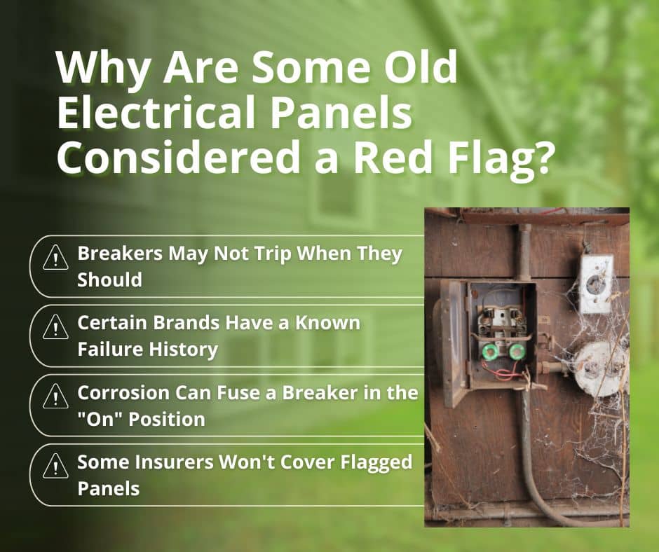 Graphic listing why old electrical panels are considered a safety risk, including breaker failure and insurance concerns