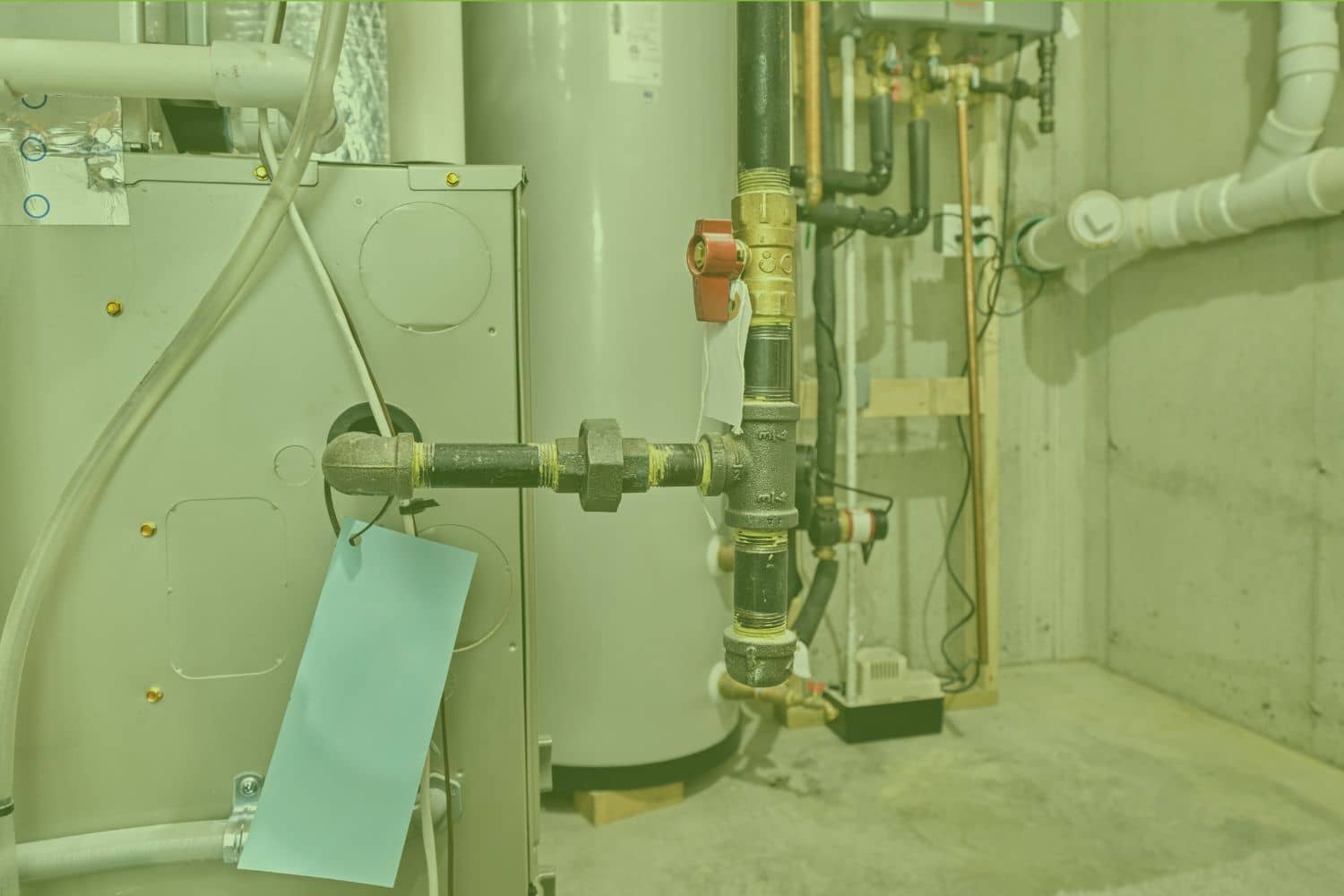 How long does a furnace last? Basement furnace with a gas line shutoff valve beside a water heater