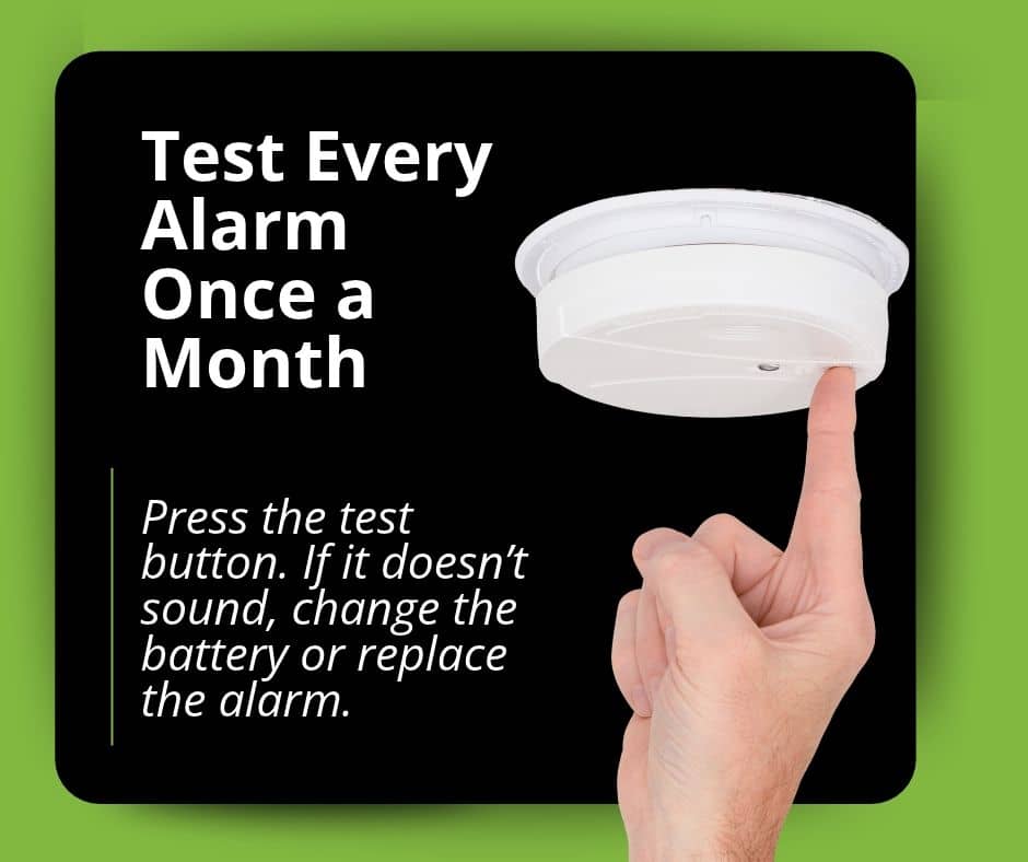 Graphic reading “Test Every Alarm Once a Month” with a finger pressing the test button on a smoke detector
